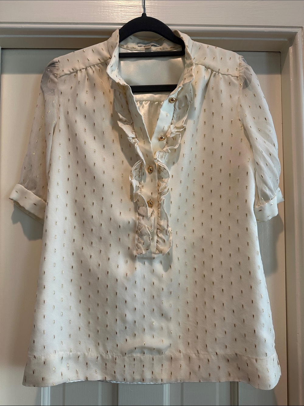Shoshanna Cream Blouse with Gold Dot Ruffle Placket